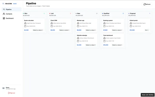 Deal pipeline in WeWeb with deals loaded from Xano