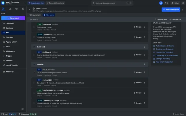 Xano API group with private endpoints for contacts, deals and activities