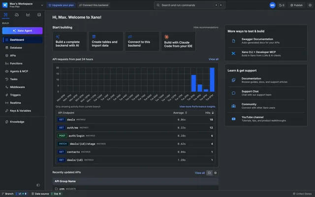 Xano request log showing calls from the WeWeb app