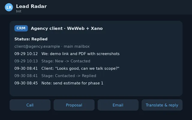Interface example: CRM card in Telegram with status and history (sample data)