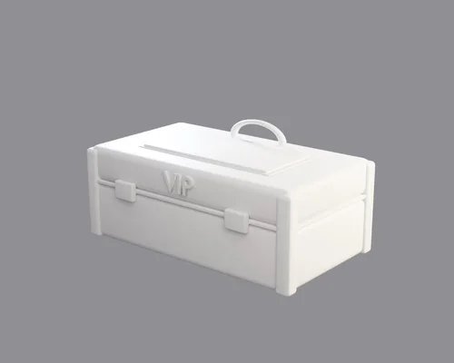 The clean model under the materials: bevelled body and lid, corner guards, latches, handle, emblem.