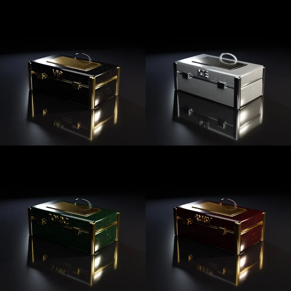 Four lines from the same model: VIP, ICE, TOXIC, RUBY. Only the metal, trim, glow and emblem change.