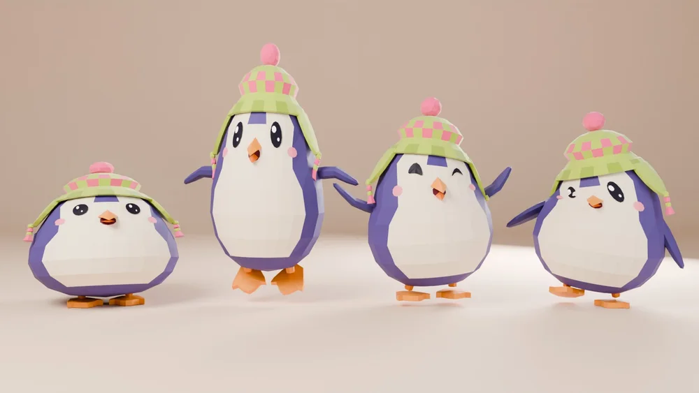 Poses: anticipation squash, stretch launch, joy flap, shy waddle.