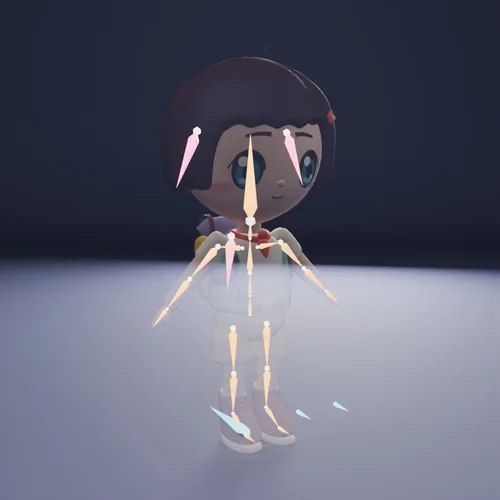 Skeleton: leg IK, spring-driven hair and backpack bones.