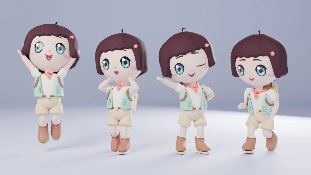 Expressions and poses: cheer, surprise, wink and point, run.