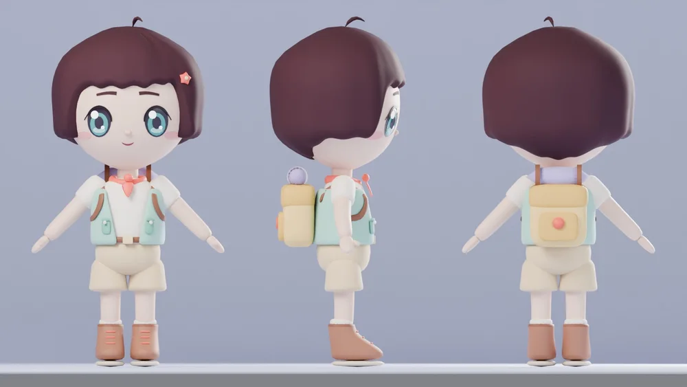 Front, side and back: bob haircut with a star clip, vest, neckerchief, boots, backpack with bedroll.