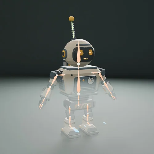 Skeleton: rigid per-part bones, IK legs, claw jaws, a 4-bone spring antenna, screen-face bones.