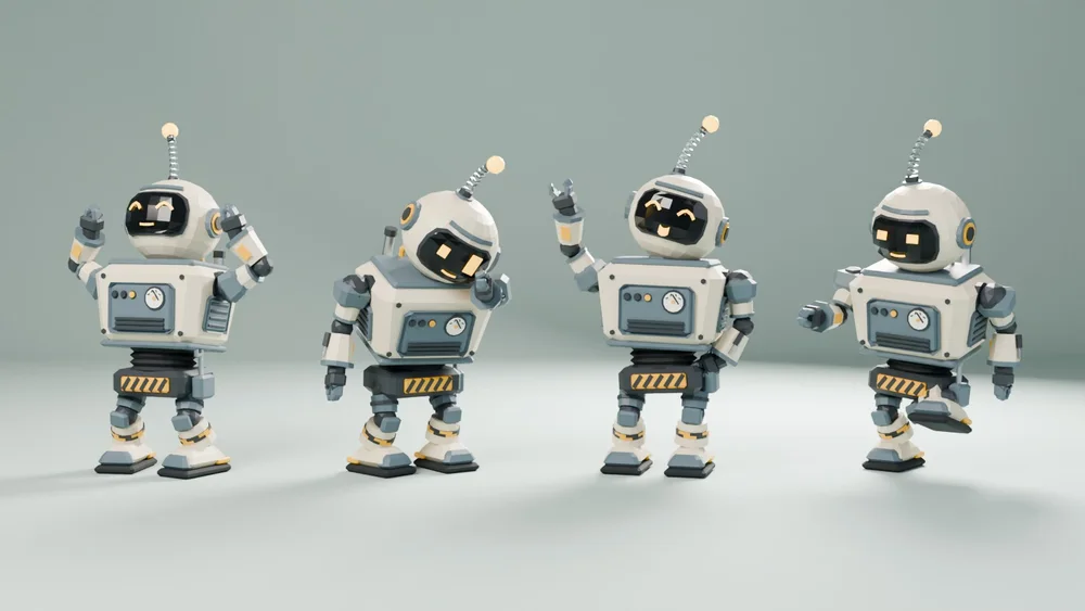 Poses: heavy step, look-around with the antenna whipping, claw wave, happy eyes.