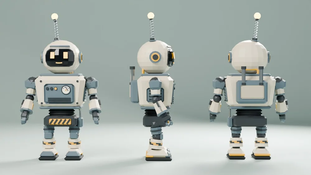 Front, side and back: boxy torso with gauge and vents, piston arms with claws, backpack exhausts.