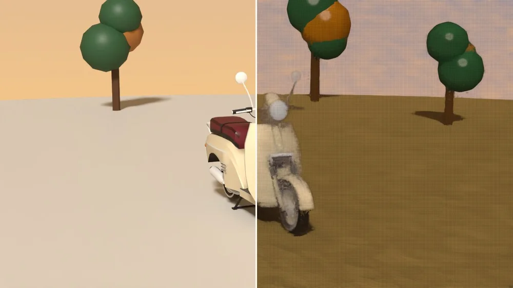 Impasto: big directional strokes and the strongest paint filter, on a turning camera.