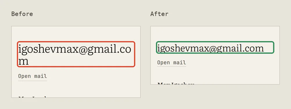 6. Footer at 320 px. Before: the large e-mail address broke before its last letter. After: on screens under 360 px it is set a little smaller and fits on one line, and if it ever has to wrap, it wraps after the @.