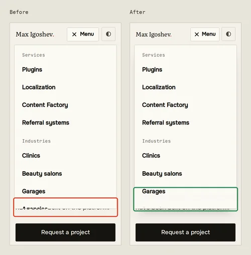2. Menu at 320 px. Before: the list was cut mid-item at the bottom of the panel, with nothing to say it scrolls. After: the bottom of the list fades out while there is more below, and the menu closes on Escape or a tap outside it.