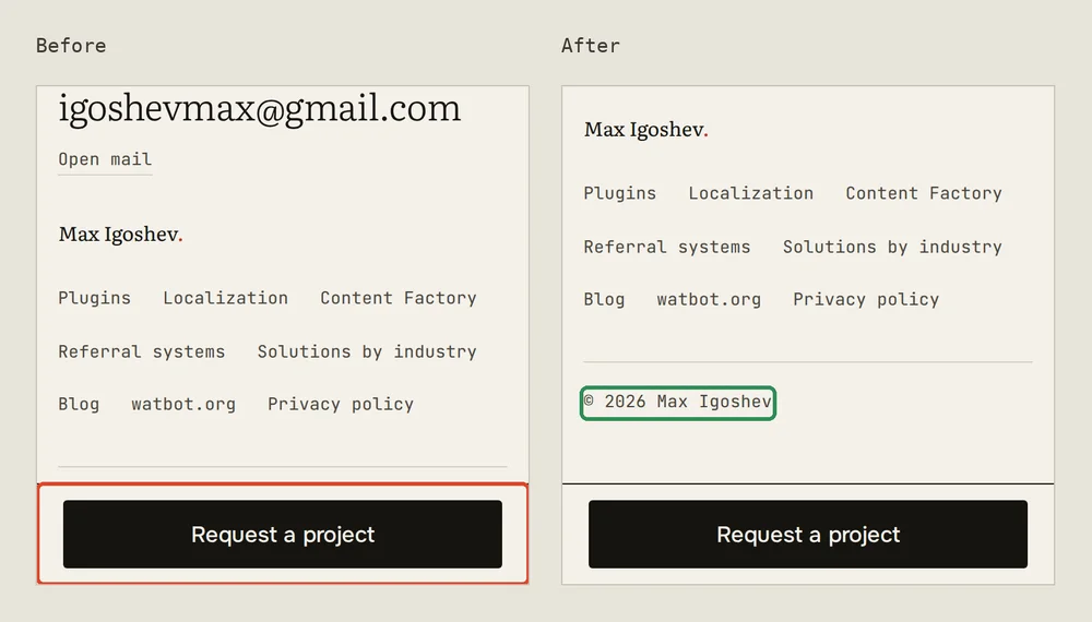 3. End of an inner page at 375 px. Before: the floating “Request a project” bar covered the last line of the footer. After: the page leaves room for the bar, so the footer ends above it.