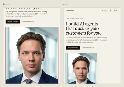4. Tablet at 768 px. Before: the portrait filled the width and more than a screen of height, from a file too small for a 2x screen. After: it is capped at 420 px, so the file is sharp and the photo no longer takes more than a screen.