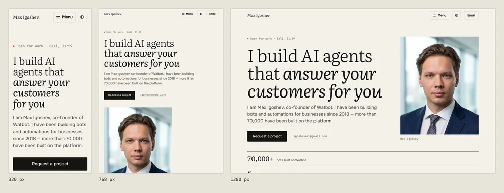 My own site after the fixes at 320, 768 and 1280 px: the same first screen on a phone, a tablet and a desktop