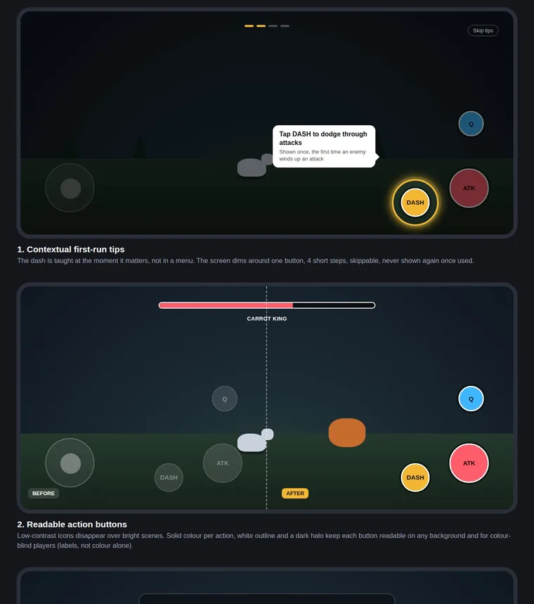 Concept of a mobile game HUD: contextual dash tip, readable action buttons and separate touch and trackpad camera sensitivity
