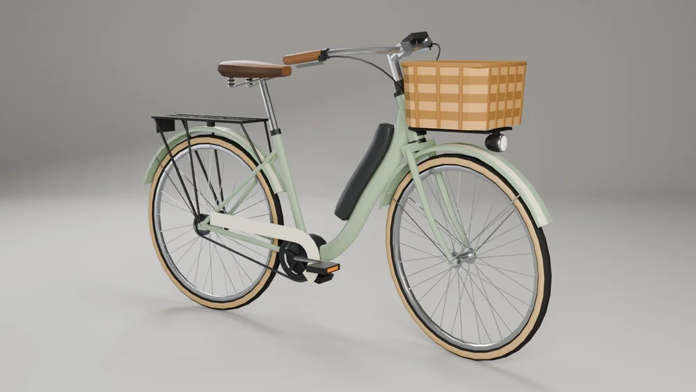 Step-through frame with the battery on the down tube, wicker basket, rear rack, fenders, chain guard and tan-wall tyres. Original design, no logos.