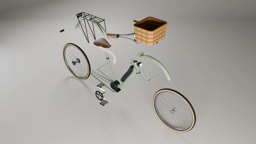 Parts as a Roblox dev imports them: frame, fork with handlebar (pivot on the head axis), crank with pedals (pivot on the bottom bracket), two wheels, accessories, lights.