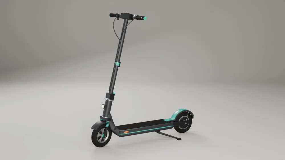 Folding commuter scooter: deck with grip tape, folding stem with latch, front suspension, rear hub motor, kickstand. Original design, no logos.