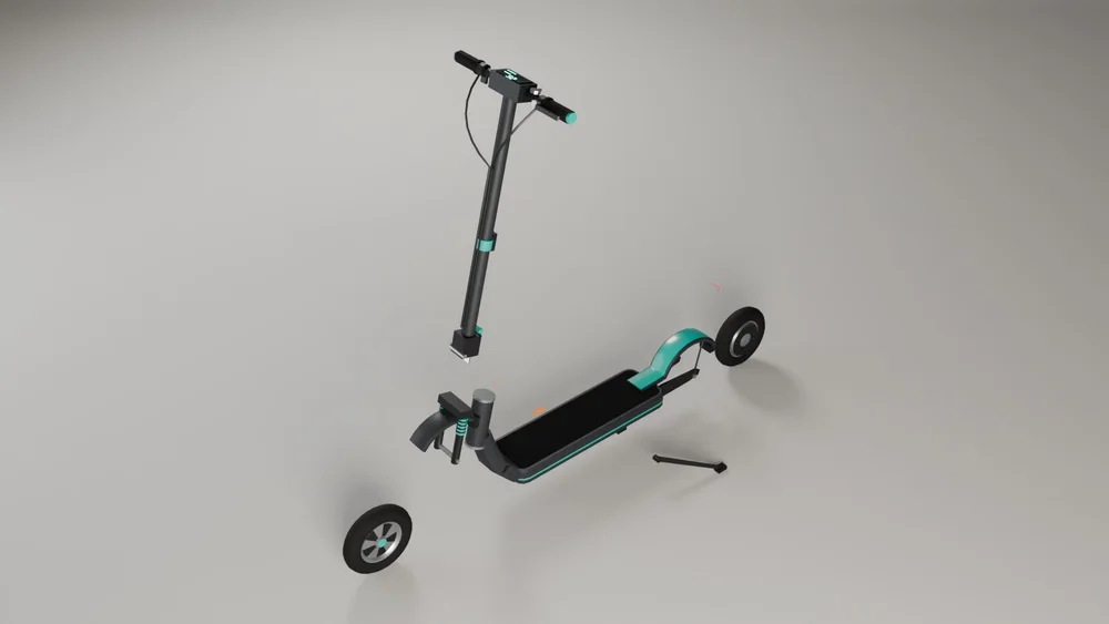 Parts as a Roblox dev imports them: deck, stem with handlebar (pivot on the steering axis), two wheels with pivots on the hubs, lights, kickstand with its own hinge.