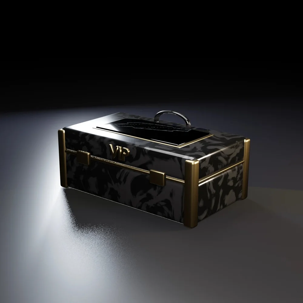 VIP case: black onyx metal, smoked glass window, gold trim and corner guards
